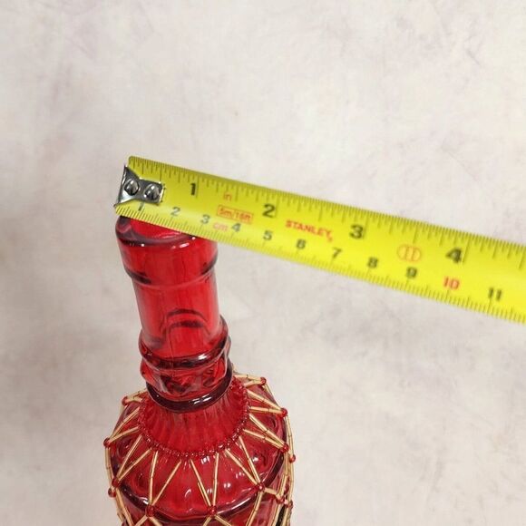 Vtg Red 12.75" Tall Glass Bottle w Hand Beaded Detailing - Picture 6 of 10